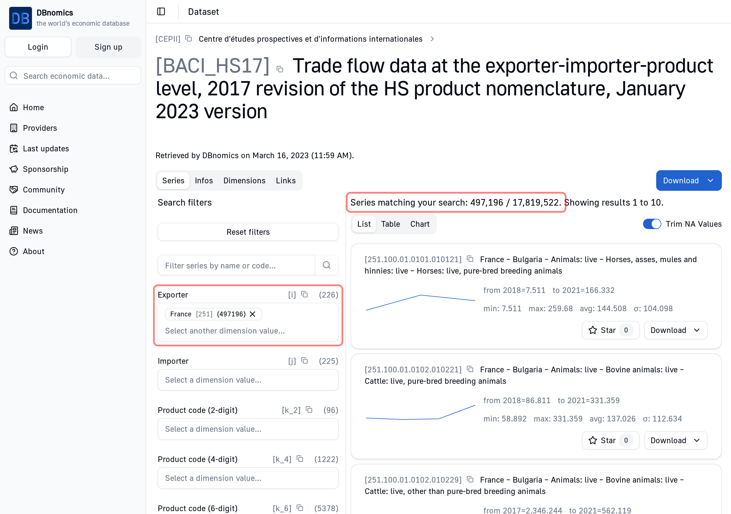 dataset page with dimension filter