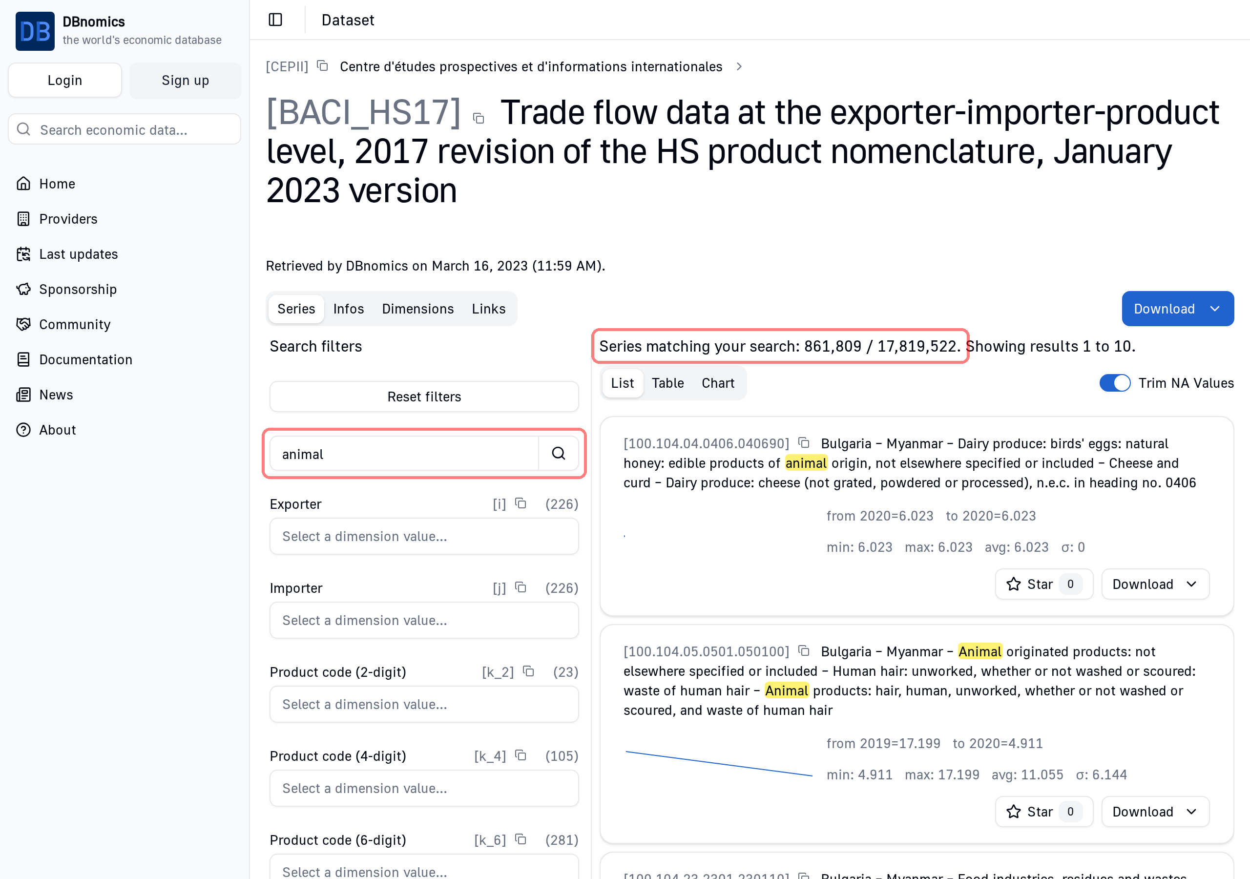 dataset page with full-text search